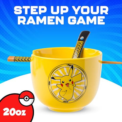 Silver Buffalo Pokemon Pikachu Electric Ceramic Ramen Noodle Rice Bowl with Chopsticks and Spoon, Microwave Safe, 20 Ounces