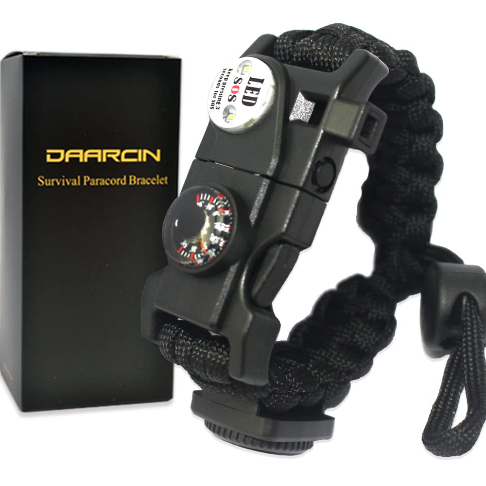 Daarcin 1pcs Survival Paracord Bracelet,Fire Starter,SOS Light, Compass,Thermometer, Whistle, Adjustable AK87 21 in 1,Outdoor Ultimate Survival Tactical Gear Set,Men