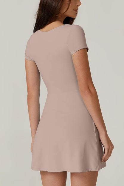 QINSEN Exercise Workout Dress for Women Square Neck Short Sleeve Flare Tennis Dress with Shorts Pockets Rose Taupe M