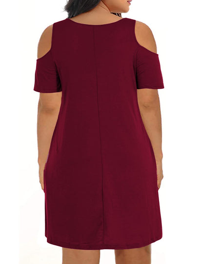 Women's Summer Short Sleeve Cut Out Cold Shoulder Loose Fit Dress Top Wine X Large