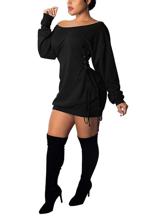 Deloreva Women Long Sweatshirt Dress - Off The Shoulder Tunic Top Oversized Loose Fit T Shirt Mini Dress Black XL