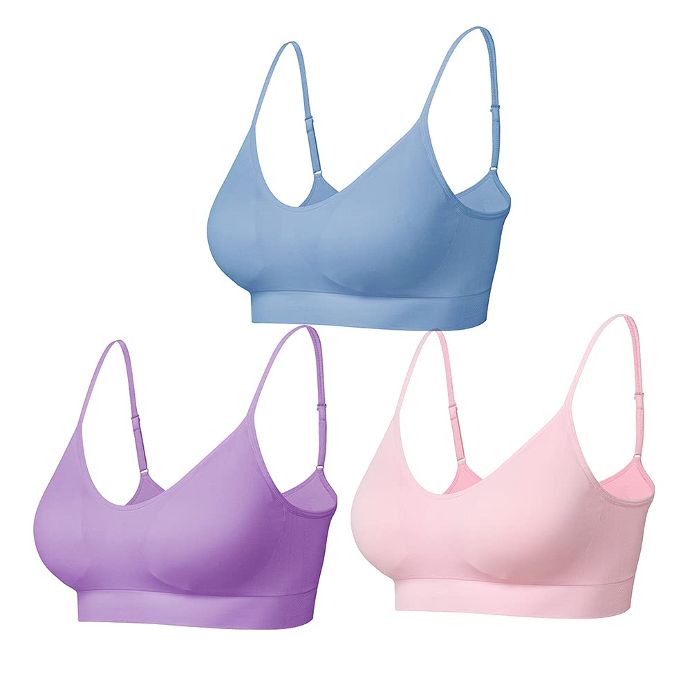 Comfyin Padded Bralette for Women Straps Sleep Bras Seamless Yoga Sport Bras 3 Pack,Pink+Blue+Purple,XL