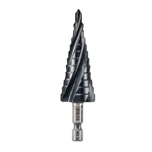 ZELCAN 12 Sizes M35 Cobalt Step Drill Bit, 3/16" to 7/8" Four Spiral Flute Step Drill Bit for Metal, Titanium-Coated HSS Step Bit with 1/4" Hex Shank for Stainless Steel Aluminum Copper Wood Plastic