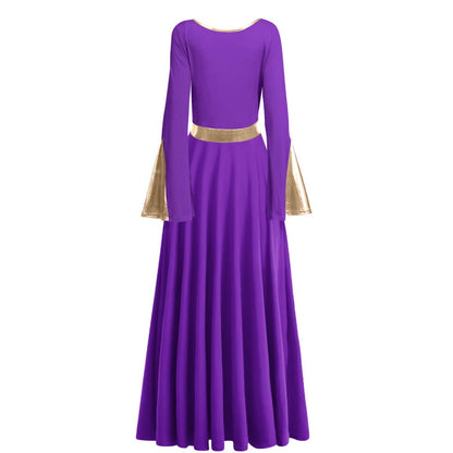 Women Girls Adult Full Length Bell Long Sleeves Loose Fit Liturgical Praise Dance Dress Ruffle Swing Casual Ballet Dance Costume Birthday Party Outfit Maxi Gowns Ballet Praisewear Purple + Gold XS