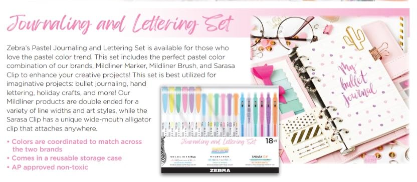 Zebra Pen Journaling and Lettering Set, 18-Pack Pastel Colors, Includes 6 Mildliner Highlighters, 6 Brush Pens, and 6 Sarasa Clip Gel Pens, Ideal for Creative Planning and Hand Lettering (76018)