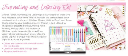 Zebra Pen Journaling and Lettering Set, 18-Pack Pastel Colors, Includes 6 Mildliner Highlighters, 6 Brush Pens, and 6 Sarasa Clip Gel Pens, Ideal for Creative Planning and Hand Lettering (76018)