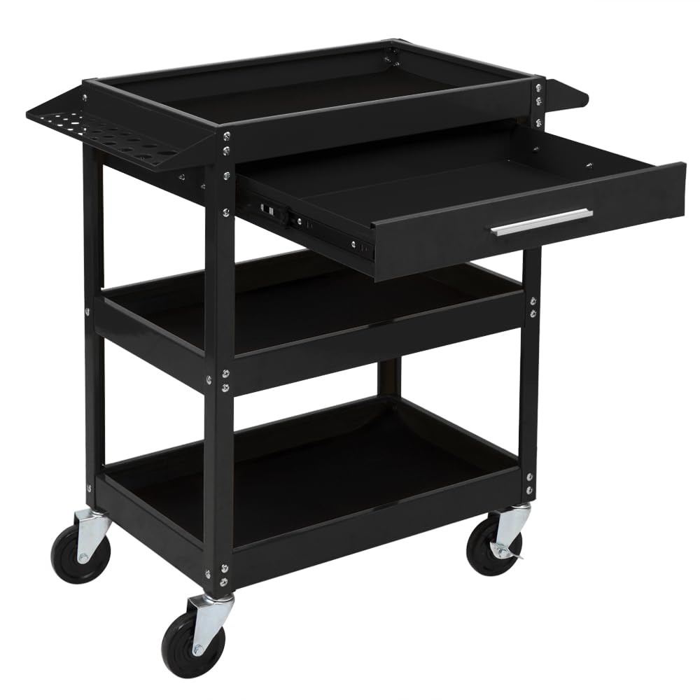 TUFFIOM 3 Tier Rolling Tool Cart with Drawer, Tool Service Cart on Wheels w/2 Brake, 330 LBS Capacity Industrial Heavy Duty Utility Cart, Tool Organizer for Mechanic, Garage, Warehouse & Repair Shop