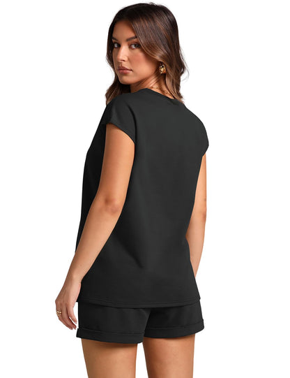 WIHOLL Lounge Sets for Women 2 Piece Summer Clothes Cap Sleeve Tops Track Suits Travel Outfit for Airplane Beach Vacation Clothes Spring Break Fashion 2025 Black 2XL