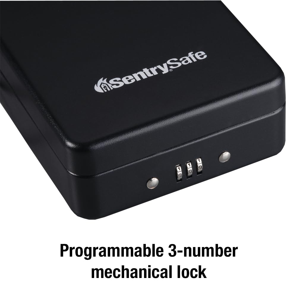 SentrySafe Small Safe, Black Lock Box with Combination Lock for Office or Dorm Secures Money, Passport, Jewelry, 0.05 Cubic Feet, Exterior: 2.6 in. H x 5.9 in. W x 8.0 in. D, ‎P005C