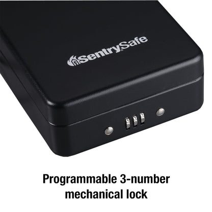 SentrySafe Small Safe, Black Lock Box with Combination Lock for Office or Dorm Secures Money, Passport, Jewelry, 0.05 Cubic Feet, Exterior: 2.6 in. H x 5.9 in. W x 8.0 in. D, ‎P005C