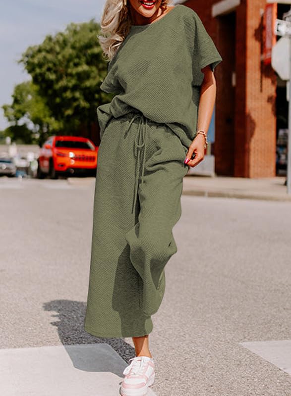 SHEWIN Two 2 Piece Outfits Sweat Suit Lounge Sets for Women Casual Long Sleeve Crewneck Pullover Tops Matching Loungewear Pants Loose Pajama Tracksuit Summer Outfits Army Green XL