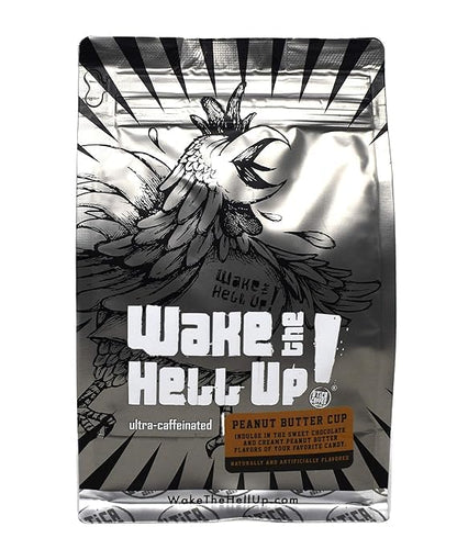Wake The Hell Up! 12oz Ultra-Caffeinated Peanut Butter Cup Ground Coffee, Low Acid, Medium-Dark Roast