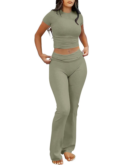 ANRABESS Lounge Sets for Women 2 Piece Foldover Yoga Flare Leggings Pants Crop Tops Casual Y2K Outfits Matching Tracksuit Set Olive Small