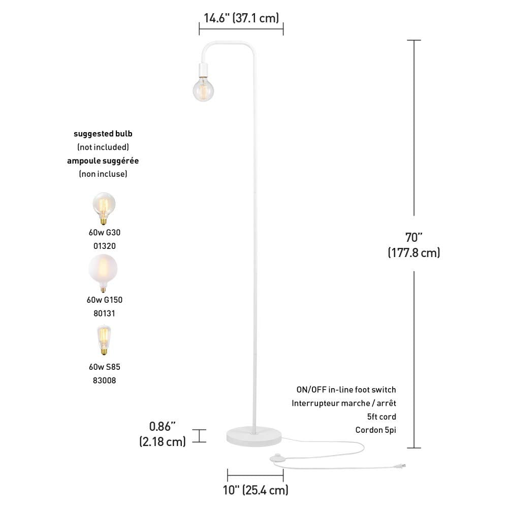GLOBE Electric 67069 70" Matte White Floor Lamp with in-Line On/Off Foot Switch for Living Room, Bedroom, Home Improvement, Décor, and Office Accessories