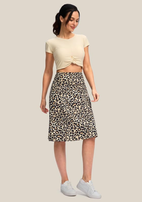 Viodia 25" Knee Length Skorts Skirts for Women with Zipper Pockets Stretchy Modest Aline Midi Skort for Casual Summer Travel Leopard