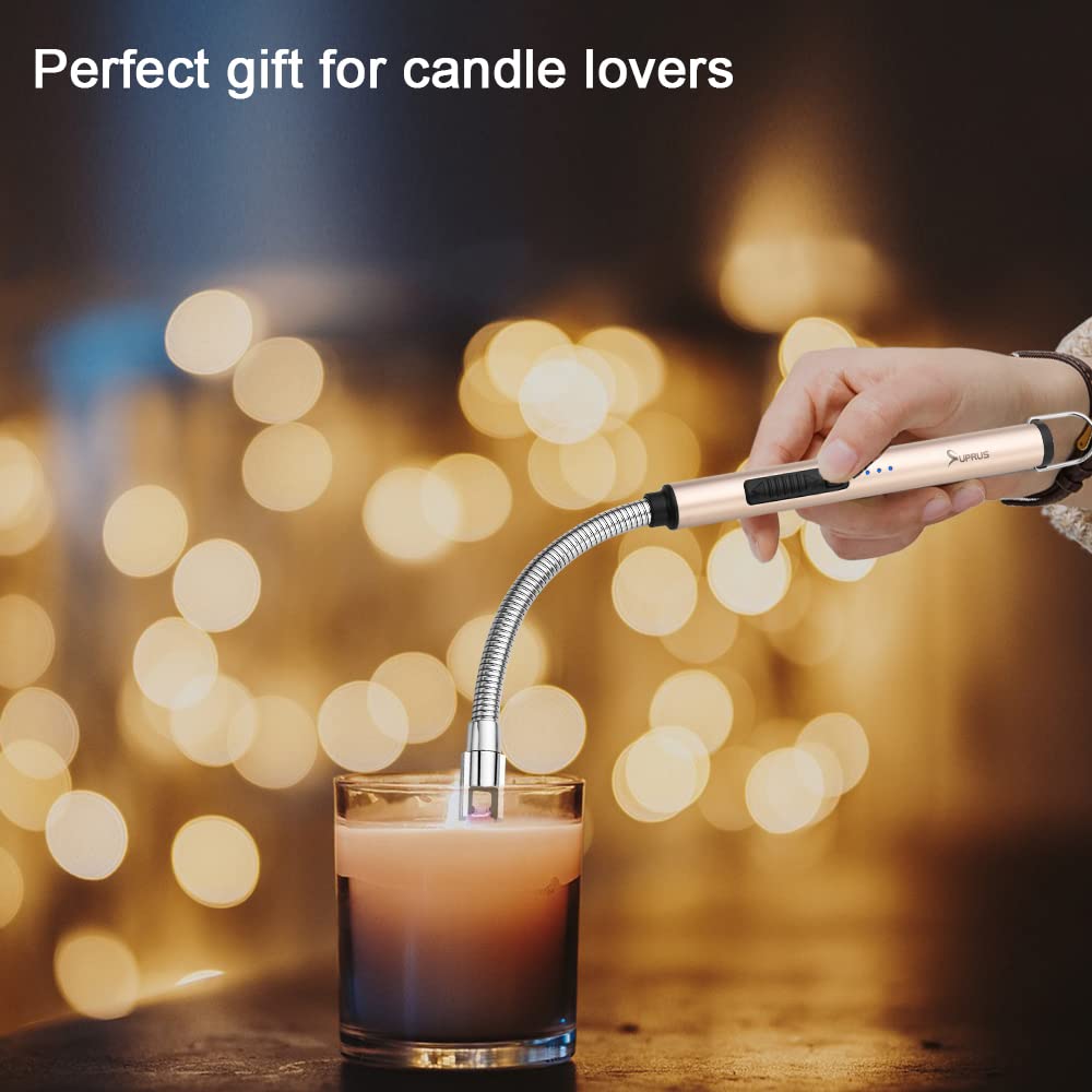 SUPRUS Electric Candle Lighter USB Type C Rechargeable Lighter Steel Shell & Hanging Hook with 360° Flexible Neck(Gold)