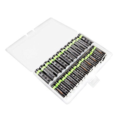 Foto&Tech AA AAA Battery Storage Box, Rechargeable Battery Storage Case Battery Holder Organizer Box Holds 46AA or 64AAA with Hinged Lid Charge Reminder Marking Non-Slip Bottom Sturdy Plastic Clear