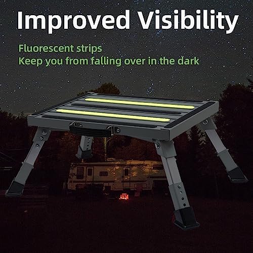 GarfatolRv Iron RV Steps, 4-Level Adjustable Folding Step Stool with Non-Slip Rubber Feet, Non-Slip Fluorescent Strip Platform Rv Accessories, Supports Up to 1000 lbs - Gray