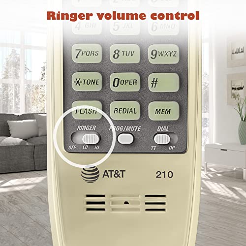 AT&T TRIMLINE 210 Corded Home Phone, No AC Power Required, Improved Easy-Wall-Mount, Lighted Big Button Keypad, 13 SpeedDial Keys, Last Number Redial, Mute, Flash, Volume Control, Beige