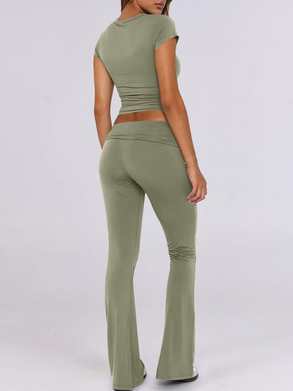 ANRABESS Lounge Sets for Women 2 Piece Foldover Yoga Flare Leggings Pants Crop Tops Casual Y2K Outfits Matching Tracksuit Set Olive Small
