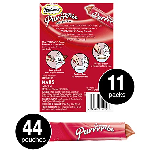 Temptations Creamy Puree Squeezable Lickable Wet Cat Treats with Beef Liver, 0.42 oz. Tubes, 4 Count, Pack of 11 (44 Total)