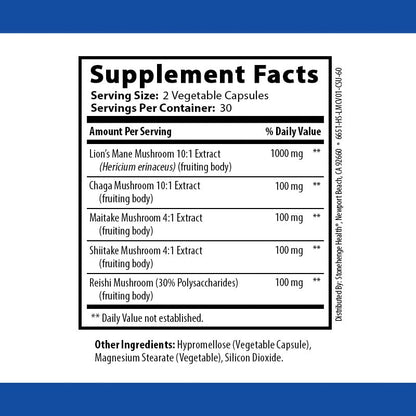 Stonehenge Health Dynamic Mushrooms - 100% Fruiting Bodies & Extracts - Lion’s Mane, Chaga, Maitake, Shiitake, Reishi - Nootropic Brain & Immune System Support - No Mycelium - 60 Veggie Capsules