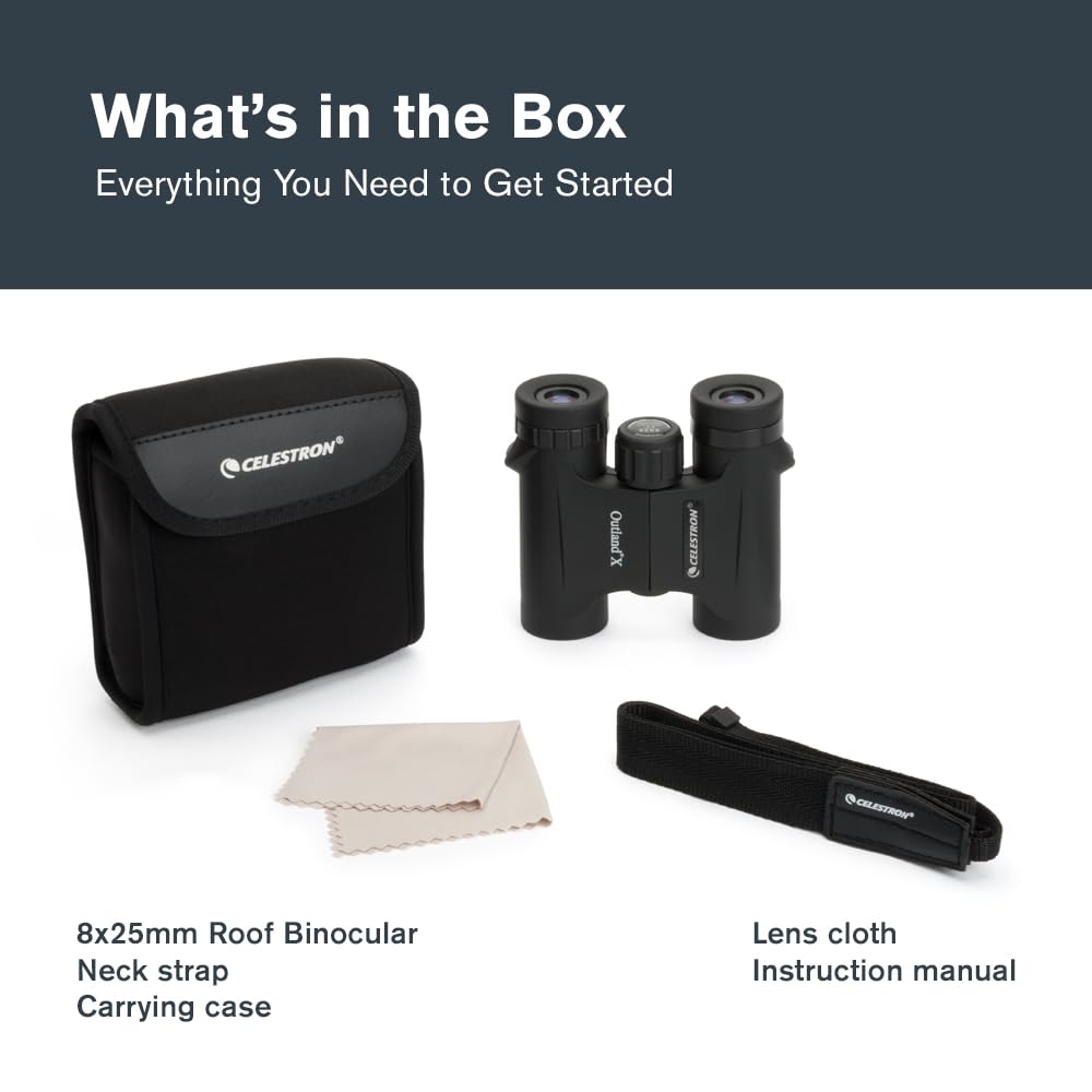 Celestron - Outland X 8x25 Binoculars – Ideal for Birding and Outdoors – 25mm Objective Lenses – Wide 8.2° Field of View – BaK-4 Prisms – Multi-Coated – Waterproof and Fogproof