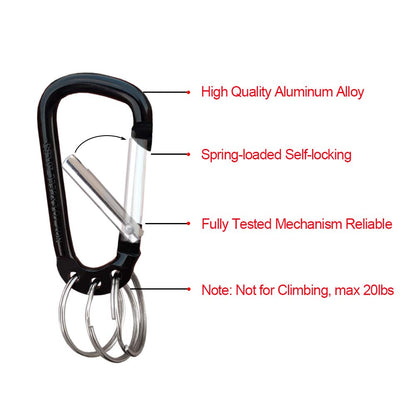 VictorsHome Carabiner Clip Keychain Aluminum Alloy D Shape Multifunction Clip Hook with 3 Key Rings for Outdoor Backpack Multi-Color 6 Pack