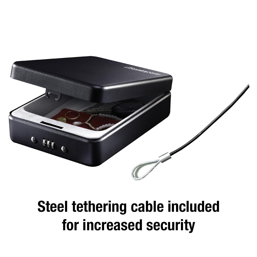 SentrySafe Small Safe, Black Lock Box with Combination Lock for Office or Dorm Secures Money, Passport, Jewelry, 0.05 Cubic Feet, Exterior: 2.6 in. H x 5.9 in. W x 8.0 in. D, ‎P005C