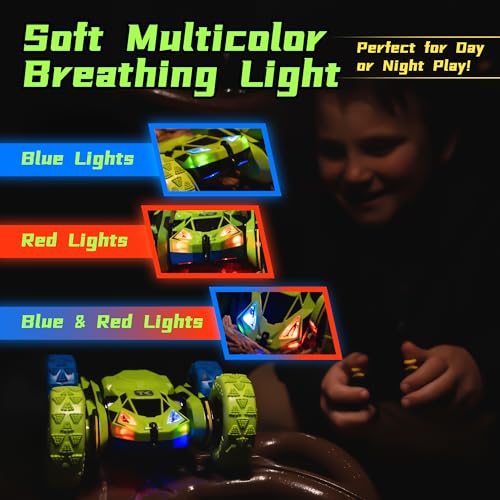 Threeking RC Stunt Cars Remote Control Car Double-Sided Driving 360-degree Flips Rotating Car Toy, Green