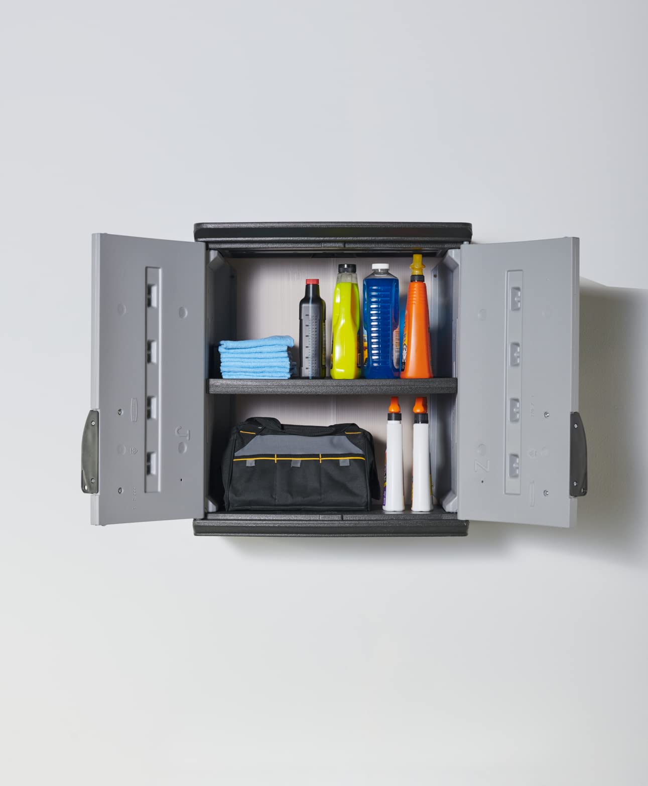 Rubbermaid Wall Mounted Storage Cabinet with Doors 150-Pound Capacity Gray Lockable Three-Shelf Cubbard for Tools/Car Accessories/Cleaning in Home/Garage/Outdoor Areas