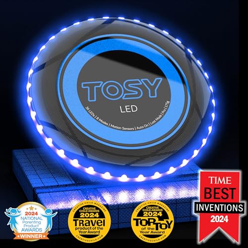 TOSY Flying Disc - 36 Mono-Color LEDs, Extremely Bright, Smart Modes, Camping Essentials for Teens/Kids/Adults/Men/Boys/Girls, Auto Light Up, Rechargeable, Waterproof, 175g