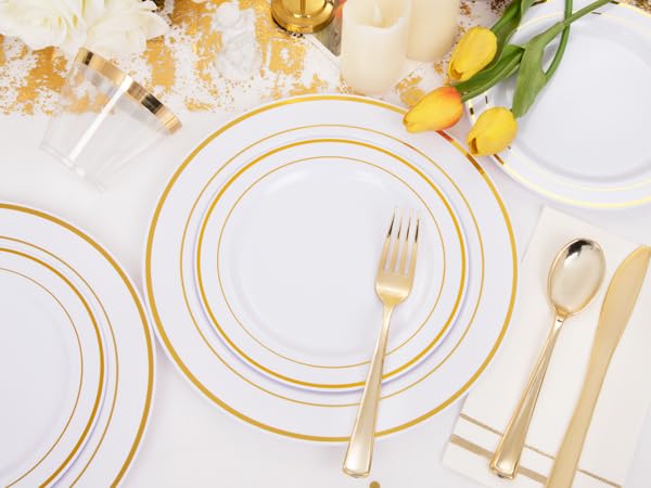 GATHER 176 Pieces Gold Dinnerware Disposable - White and Gold Plastic Plates Includes 50 Plates, 25 Plastic Silverware, 25 Napkins, 25 Cups and 1 Tablecloth for Wedding Party