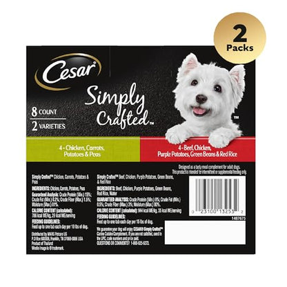 Cesar Simply Crafted Adult Wet Dog Food Meal Topper, Chicken, Carrots, Potatoes & Peas and Beef, Chicken, Purple Potatoes, Green Beans & Red Rice Variety Pack, 1.3oz. (8 Count, Pack of 2)