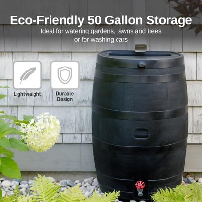 RTS Home Accents 50-Gallon ECO Rain Barrel Made with 100% Recycled Plastic, Flat Back Rain Water Collection Barrel, Stand and Link Kit Included, Black (2 Pack)