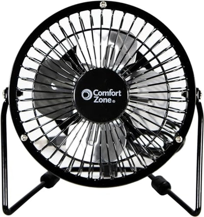 Comfort Zone 4-inch All-Metal Desk Fan with USB or Power Cord, Single Speed, 360 Degree Adjustable Tilt, Compact & Durable Mini Electric Fan for Home, Office or Travel Use, Black