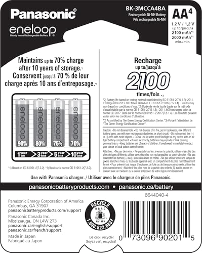 Eneloop Panasonic BK-3MCCA4BA AA 2100 Cycle Ni-MH Pre-Charged Rechargeable Batteries, 4-Battery Pack