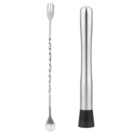 tifanso Muddler for Cocktails, 10" Muddler and Long Handle Bar Cocktail Mixing Spoon, Stainless Steel Stirrer, Bar Accessories Tools for Mojitos Fruit Drinks