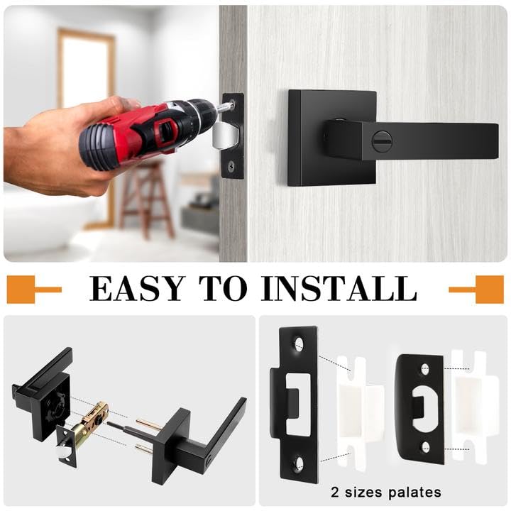 Probrico Heavy Duty Flat Black Square Privacy Interior Door Levers Bedroom and Bathroom Door Handles Keyless Bed/Bath Lockset (5 Pack)