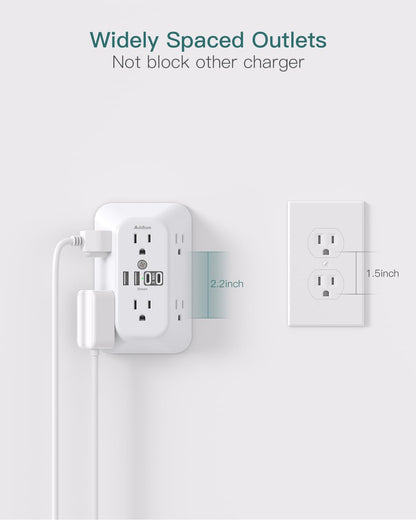 Addtam Surge Protector Outlet Extender, 6-Outlet Splitter with 4 USB Wall Charger(2 USB-C Ports), Multi Plug Wall Outlet 1800J Power Strip for Home Office Dorm Room Essentials