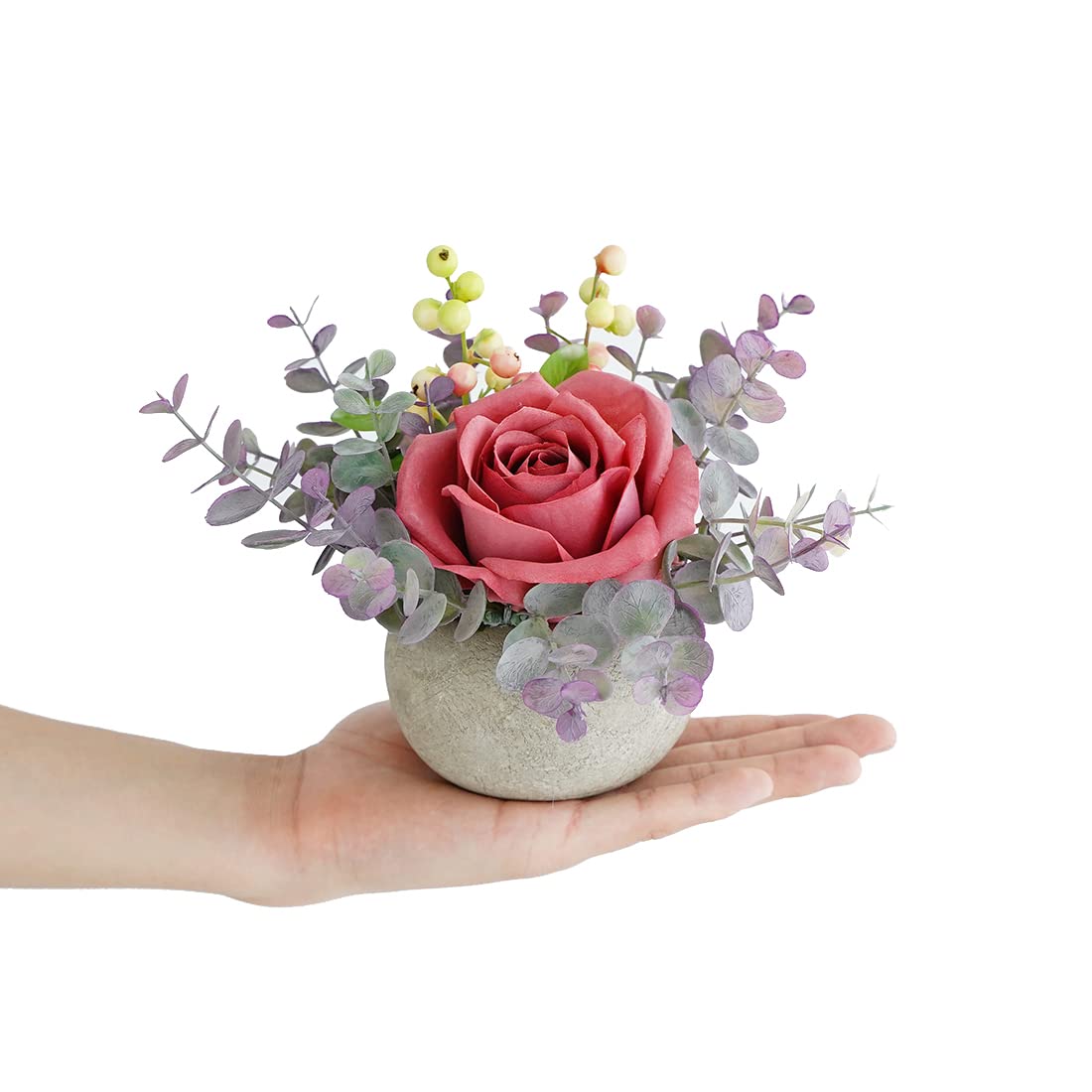 Rosscer Artificial Flowers Kit with Pot, Combination of Fake Silk Pink Roses and Greenery,Small Plant Potted Decor for Offices,Bookshelf,Bedroom, Living Room,Party,Wedding Decorations