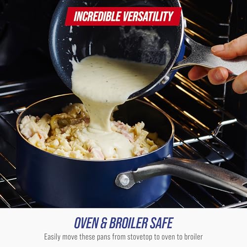Blue Diamond Nonstick 2QT Saucepan with Lid, Non Toxic PFAS-Free Diamond Ceramic, Dishwasher & Oven Safe, Metal Utensil Safe Pot, Stay Cool Handle, Chef Pan, Glass Lid, Blue