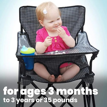 ciao! baby Portable High Chair for Babies and Toddlers, Fold Up Outdoor Travel Seat with Tray and Carry Bag for Camping, Picnics, Beach Days, Sporting Events, and More (Black Check)