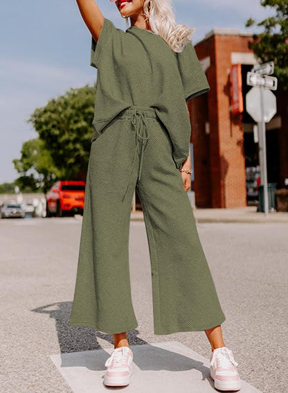 SHEWIN Two 2 Piece Outfits Sweat Suit Lounge Sets for Women Casual Long Sleeve Crewneck Pullover Tops Matching Loungewear Pants Loose Pajama Tracksuit Summer Outfits Army Green XL