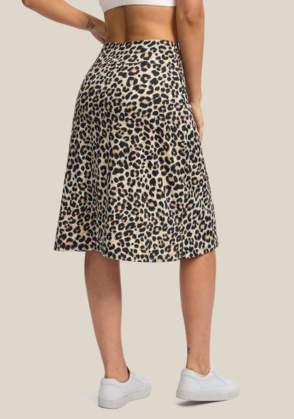 Viodia 25" Knee Length Skorts Skirts for Women with Zipper Pockets Stretchy Modest Aline Midi Skort for Casual Summer Travel Leopard