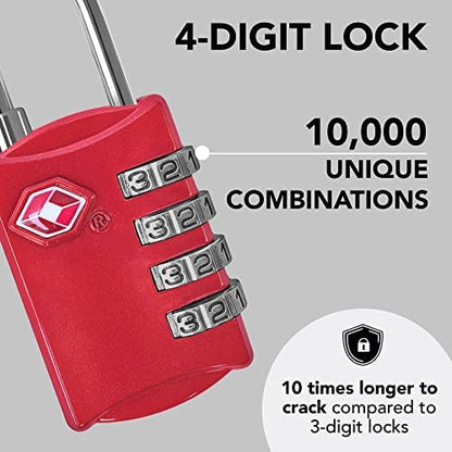 Desired Tools TSA Locks for Luggage, 2-Pc Durable Steel Padlock, Keyless Easy to Read 4-Digit Combination Lock for Backpacks, Travel Suitcases, Toolbox, Filing Cabinets, Baggage & Gym Locker, Red