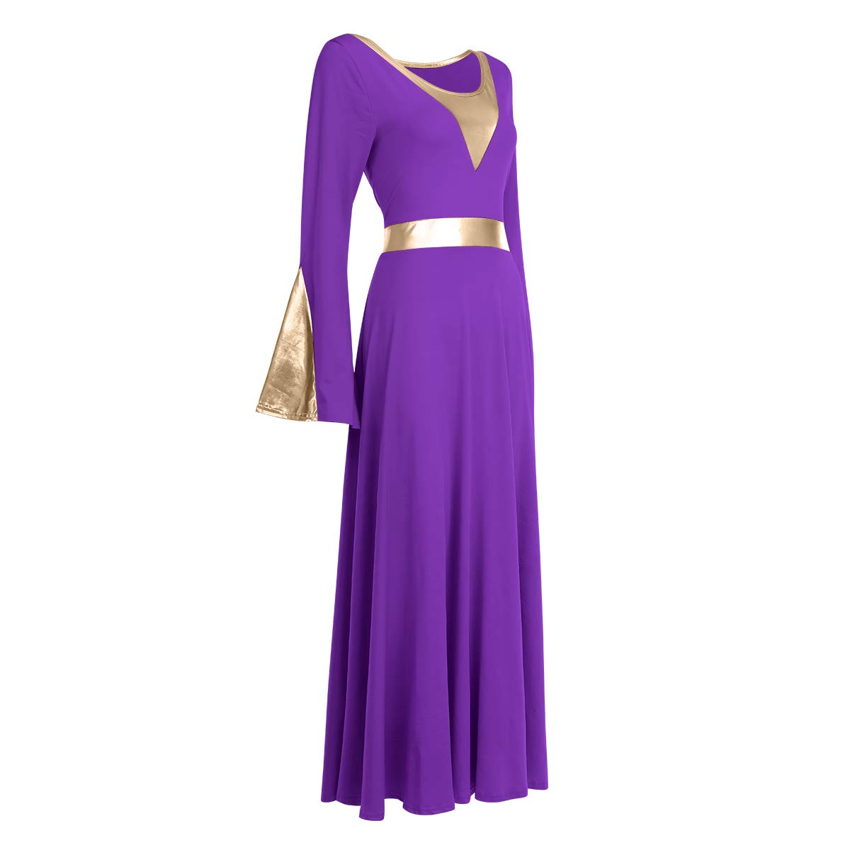 Women Girls Adult Full Length Bell Long Sleeves Loose Fit Liturgical Praise Dance Dress Ruffle Swing Casual Ballet Dance Costume Birthday Party Outfit Maxi Gowns Ballet Praisewear Purple + Gold XS