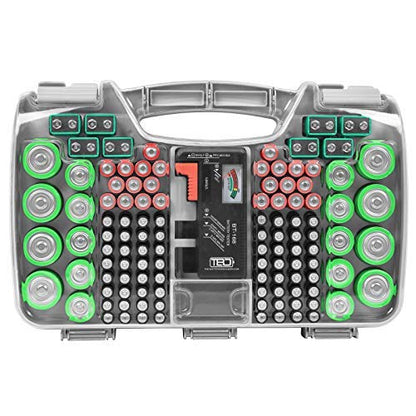 THE BATTERY ORGANISER Storage Case with Tester, Stores & Protects Up to 180 Batteries, Hinge Clear Cover with Locking Lid, Garage Gadget Organization Holds AA AAA C D and More, Gray