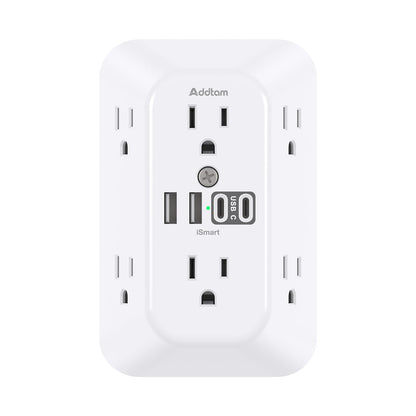 Addtam Surge Protector Outlet Extender, 6-Outlet Splitter with 4 USB Wall Charger(2 USB-C Ports), Multi Plug Wall Outlet 1800J Power Strip for Home Office Dorm Room Essentials
