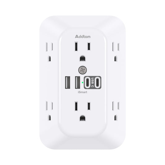 Addtam Surge Protector Outlet Extender, 6-Outlet Splitter with 4 USB Wall Charger(2 USB-C Ports), Multi Plug Wall Outlet 1800J Power Strip for Home Office Dorm Room Essentials